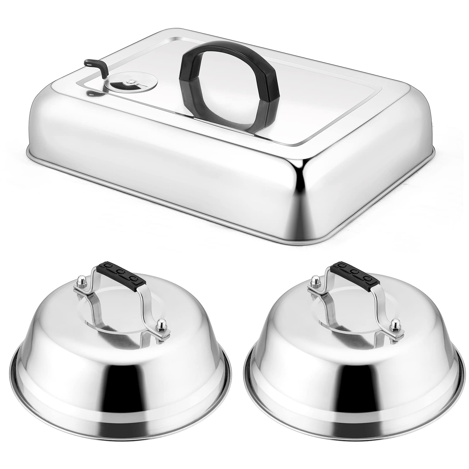 Basting Covers For Griddle 3Pcs, Leonyo Stainless Steel 9'' Round Cheese Melting Dome, Large 13'' Rectangle Burger Dome Lids Wit
