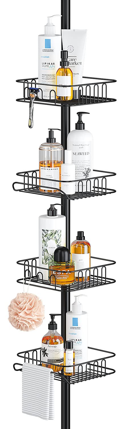 Seirione Rustproof Shower Corner Caddy Organizer For Bathroom, Freestanding Tension Pole With 4 Baskets, For Bathtub Shampoo Acc