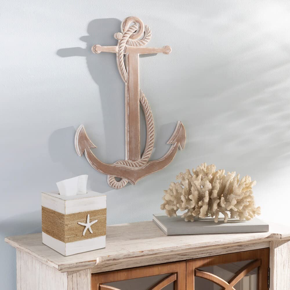 Somto Beach Rustic White Wood Square Tissue Box Cover,Farmhouse Bathroom Accessories Starfish Decor Tissue Holder With Slide-Out
