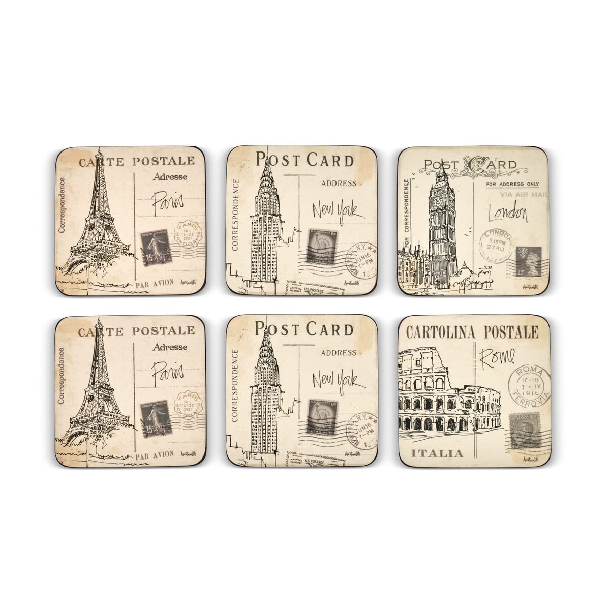 Pimpernel Postcard Sketches Collection Coasters | Set Of 6 | Cork Backed Board | Heat And Stain Resistant | Drinks Coaster For T