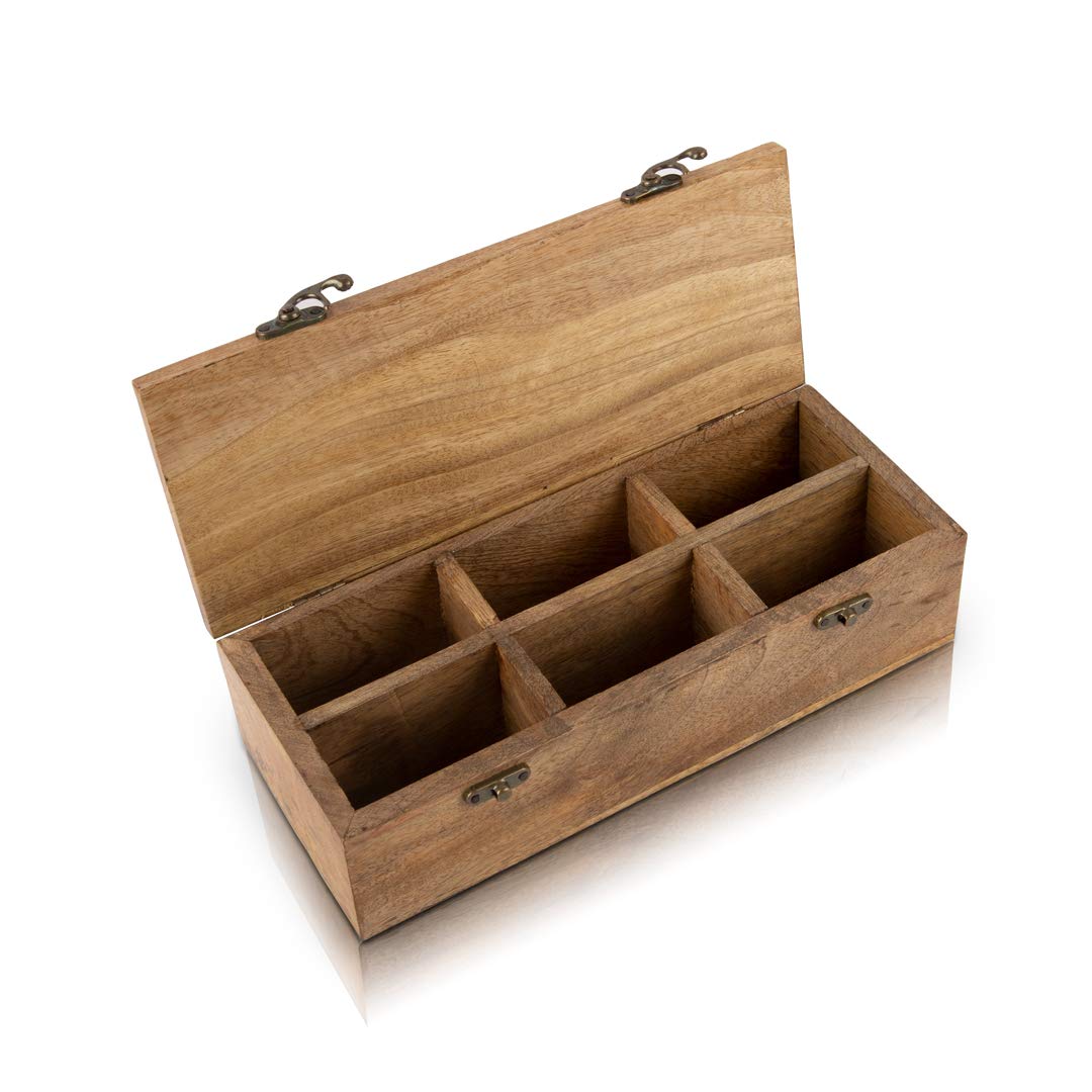Wooden Tea Box Storage Chest Organizer Container Holder Rack With 6 Storage Compartments For Assorted Variety Of Loose Tea Spice