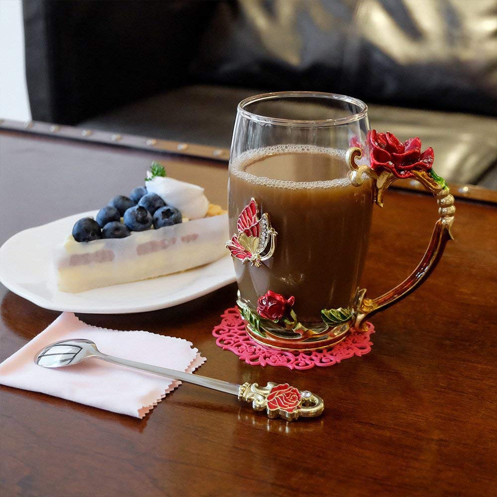 Dasyfly Birthday Gifts For Women,Enamel Butterfly Flower Glass Tea Cup Rose Red Coffee Mug,Cute Gifts For Mom Grandma Women Wife