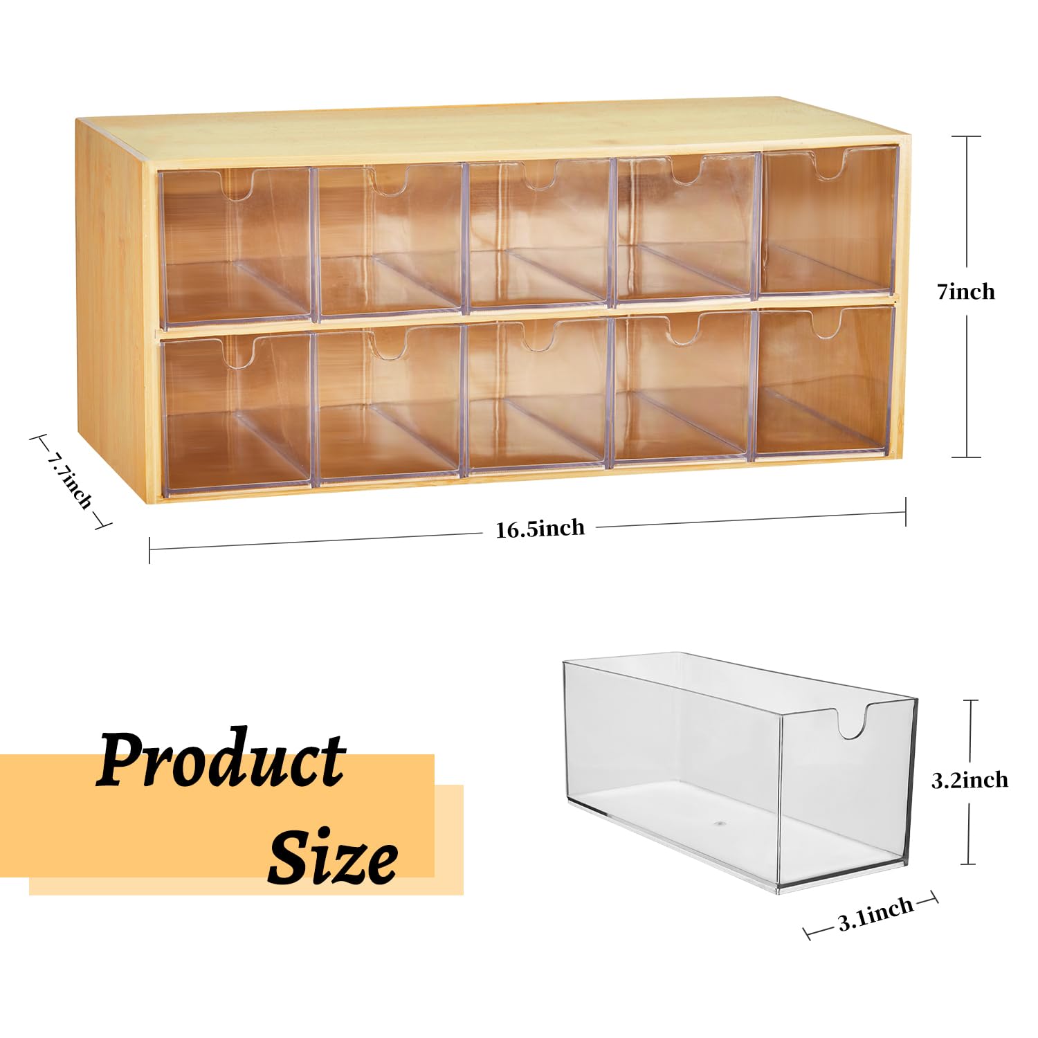 TIMIEEYA Bamboo Tea Bag Organizer with Drawer, 2 Layer Natural Wood & Acrylic Storage for Kitchen, Office, Cabinet