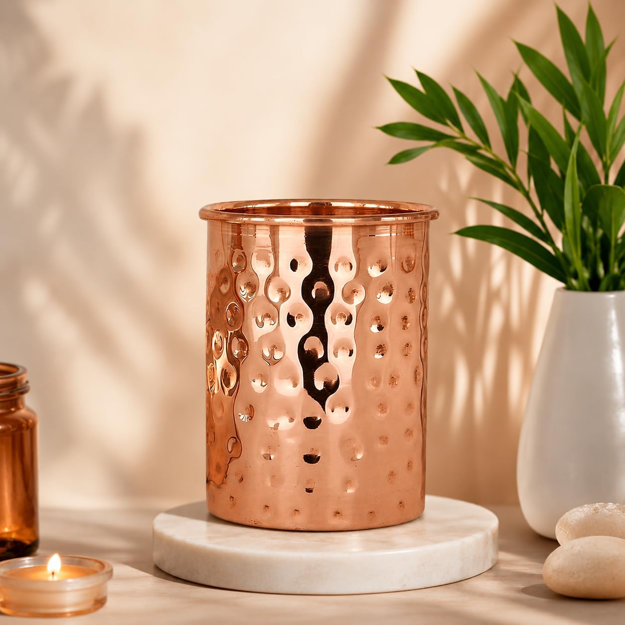 Adoko 100% Pure Copper Hammered Tumbler 300ml | Ayurvedic Drinking Glass for Water | Traditional Handcrafted Copper Utensil  1P