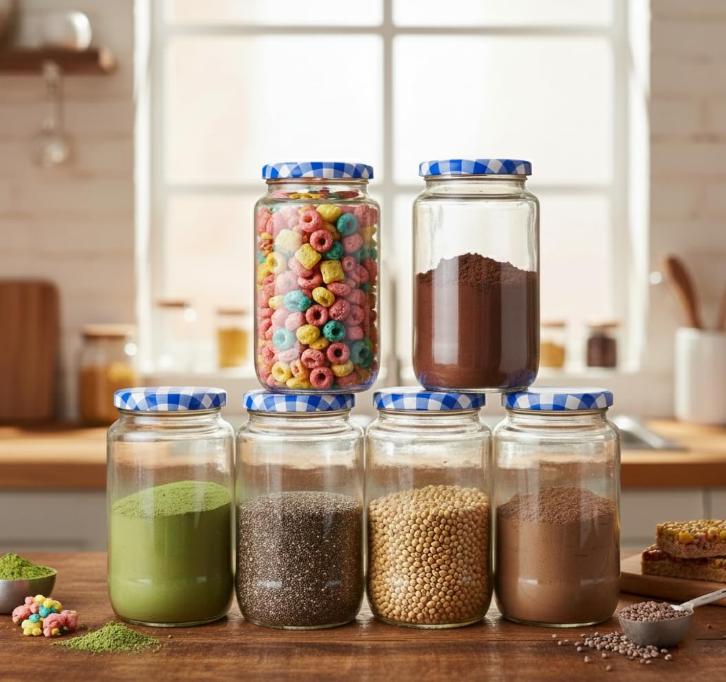 Avastro 1000 Gram Glass Jar With Air Tight Blue Chex Lid For Kitchen Dried Masla Storage Jar,Honey Jar,Jar And Container,Spice M
