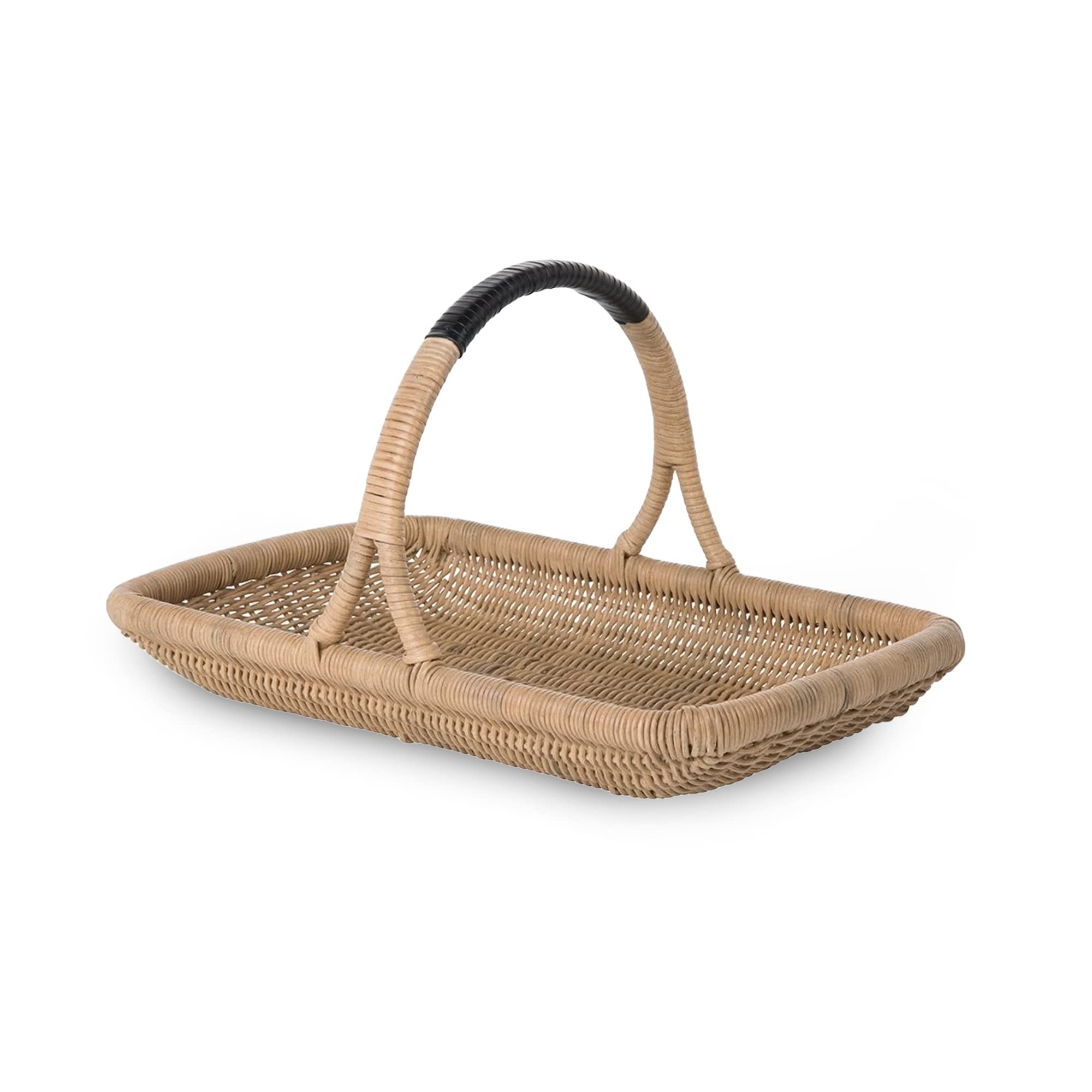 Kouboo Vegetable & Flower Wicker Basket, Handwoven Rattan Basket With Leather-Wrapped Arch Handle, Organization & Home Decor For