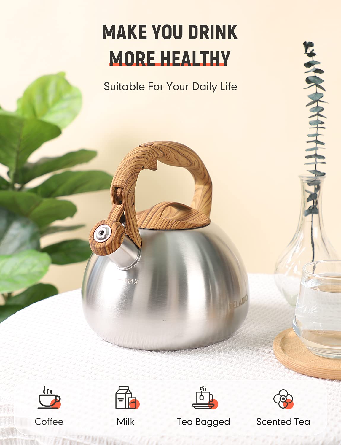 Tea Kettle, Belanko 102 Oz / 3 Liter Whistling Tea Kettle, Tea Pots For Stove Top Food Grade Stainless Steel With Wood Pattern H