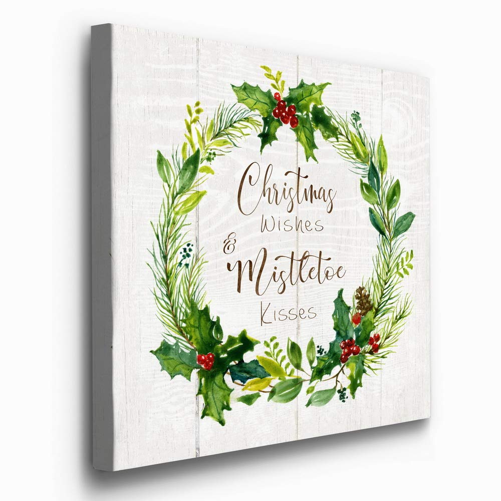 Renditions Gallery Christmas Wishes Wreath Wall Art  Cute Winter Artwork  Holly Leaves & Berries  Red & Green  Premium Gallery Wrapped Canvas Decor  Ready to Hang  24 in H x 24 in W  Made in America