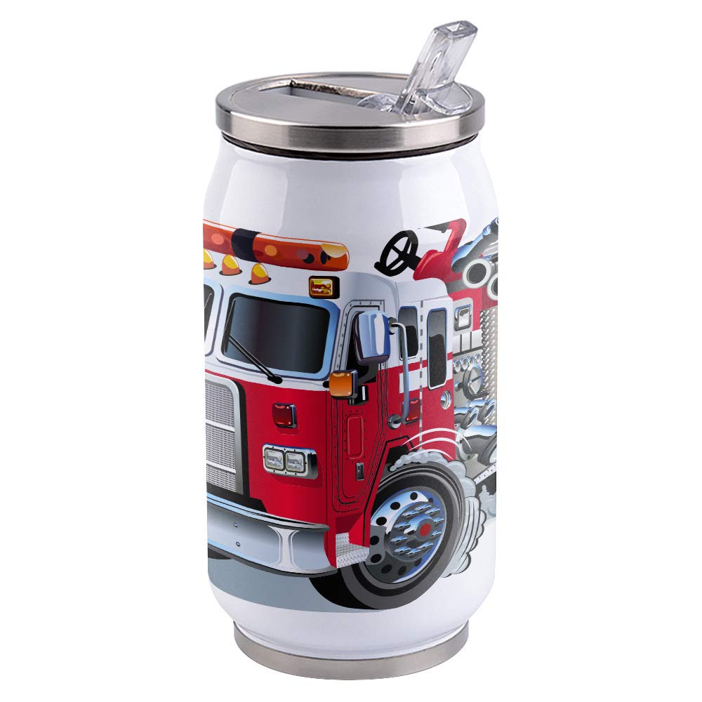 10Oz Stainless Steel Tumbler With Lid & Straw-Double Wall Vacuum Insulated Travel Mug,Cartoon Red Fire Truck Water Bottle Coffee
