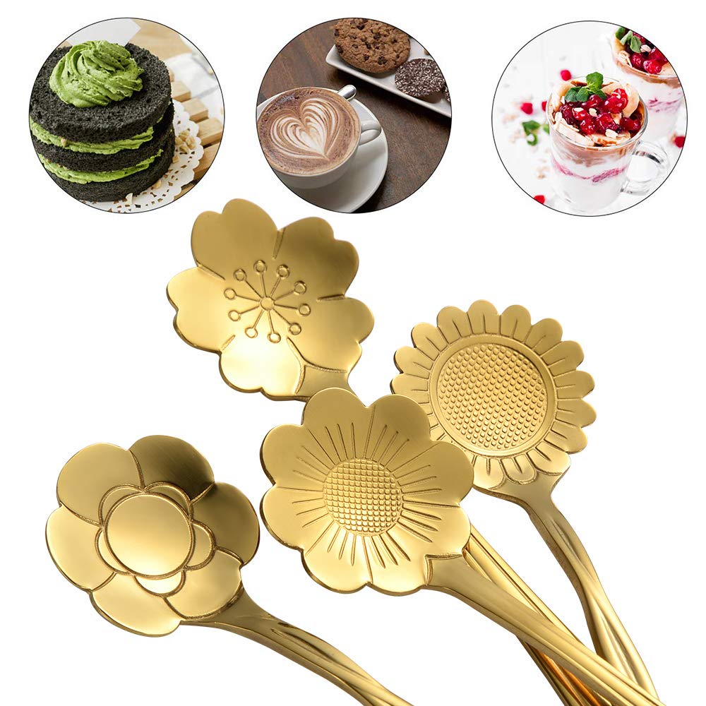 Ansaw 8 Pcs Flower Spoon Set, Stainless Steel Reusable Tea Scoops Stirring Spoon Coffee Spoon Mixing Spoon Sugar Dessert Cake Sp
