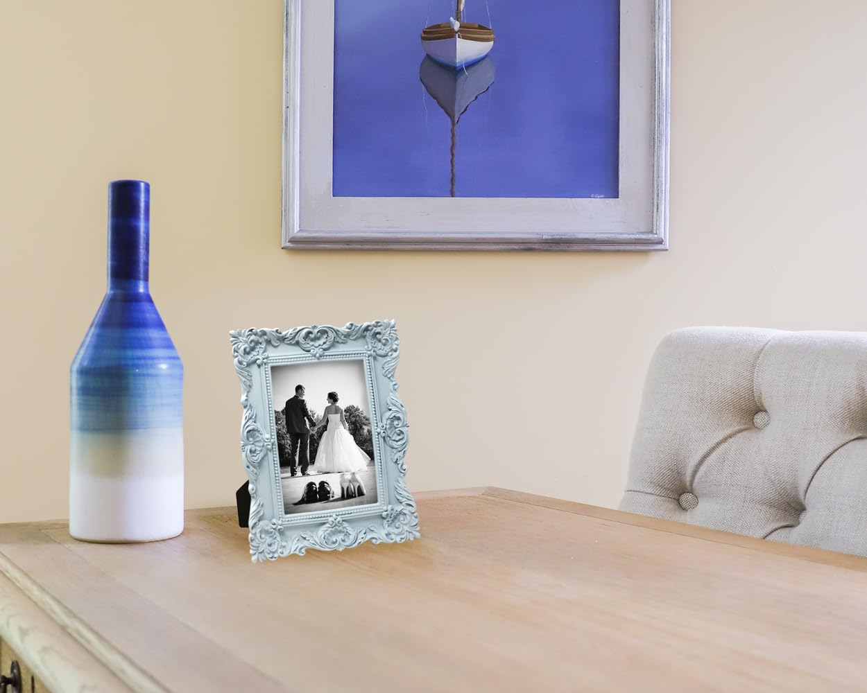 Laura Ashley 4x6 Powder Blue Ornate Textured Hand-Crafted Resin Picture Frame w/Easel & Hook for Tabletop & Wall Display, Decora