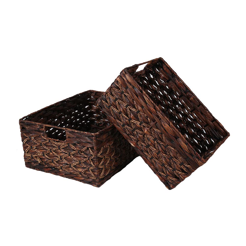 Rectangular Woven Water Hyacinth Basket,Dark Storage Basket With Inside Handle Shelves Kitchen Office Desk (Set Of 2)