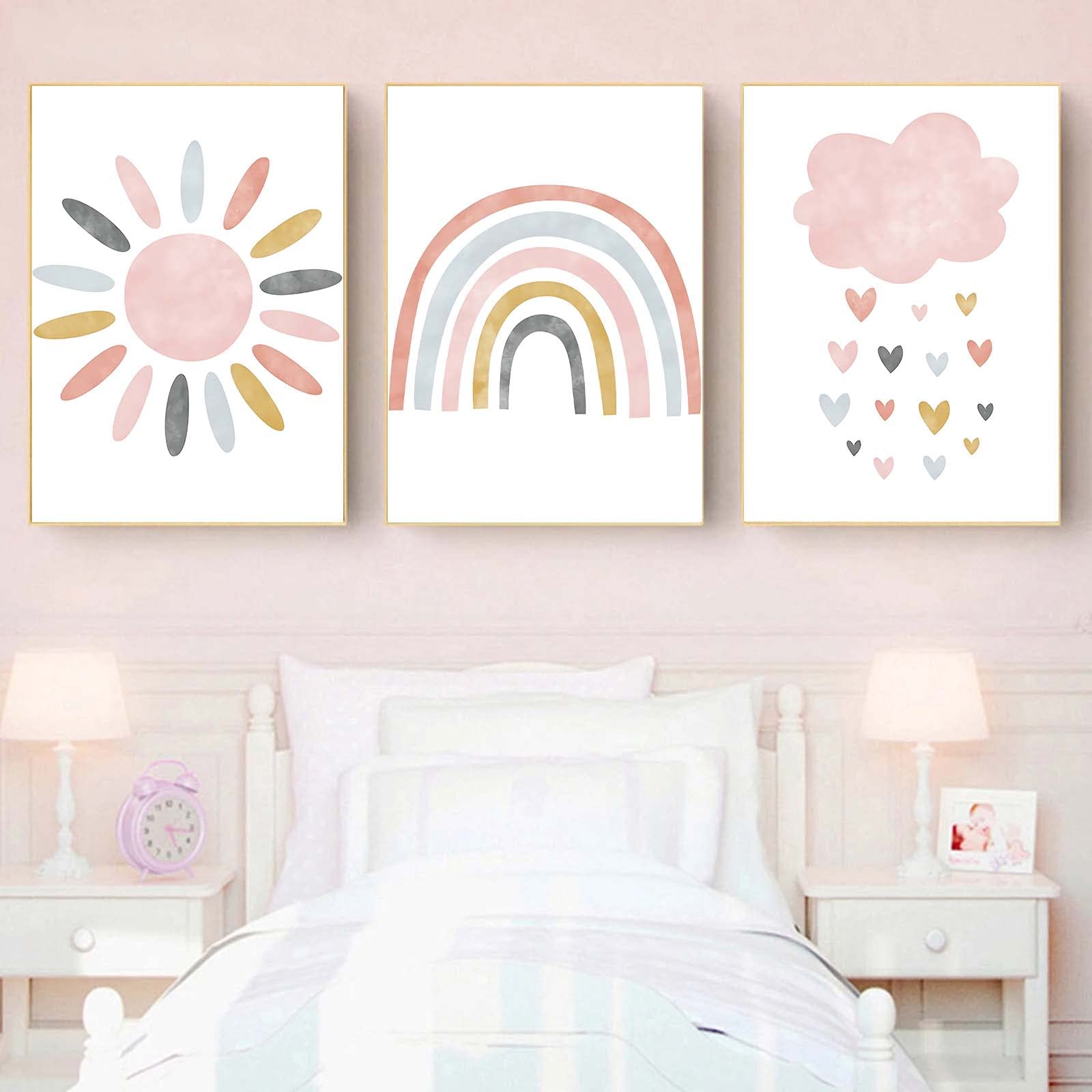 Recrtain Nursery Wall Prints Pink Sunshine Rainbow Cloud Canvas Wall Art, Child Wall Art Poster Boho Nordic Wall Pictures For Gi