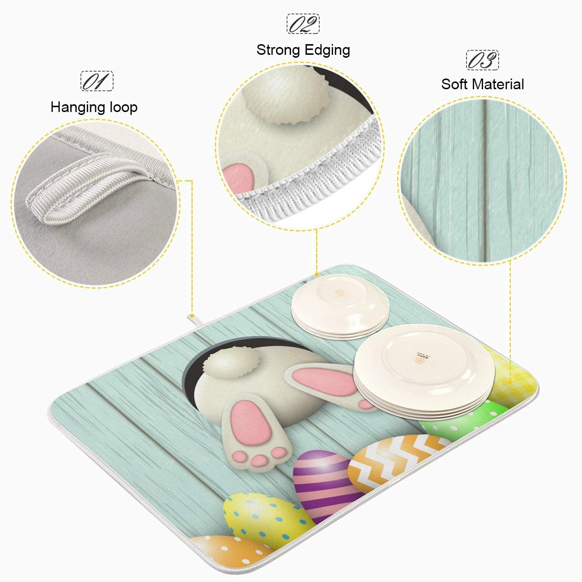 Happy Easter Eggs Bunny Tail Dish Drying Mat 18X24 For Kitchen Easter Day Rabbit Flowers Dishes Pad Dish Drainer Rack Mats Absor