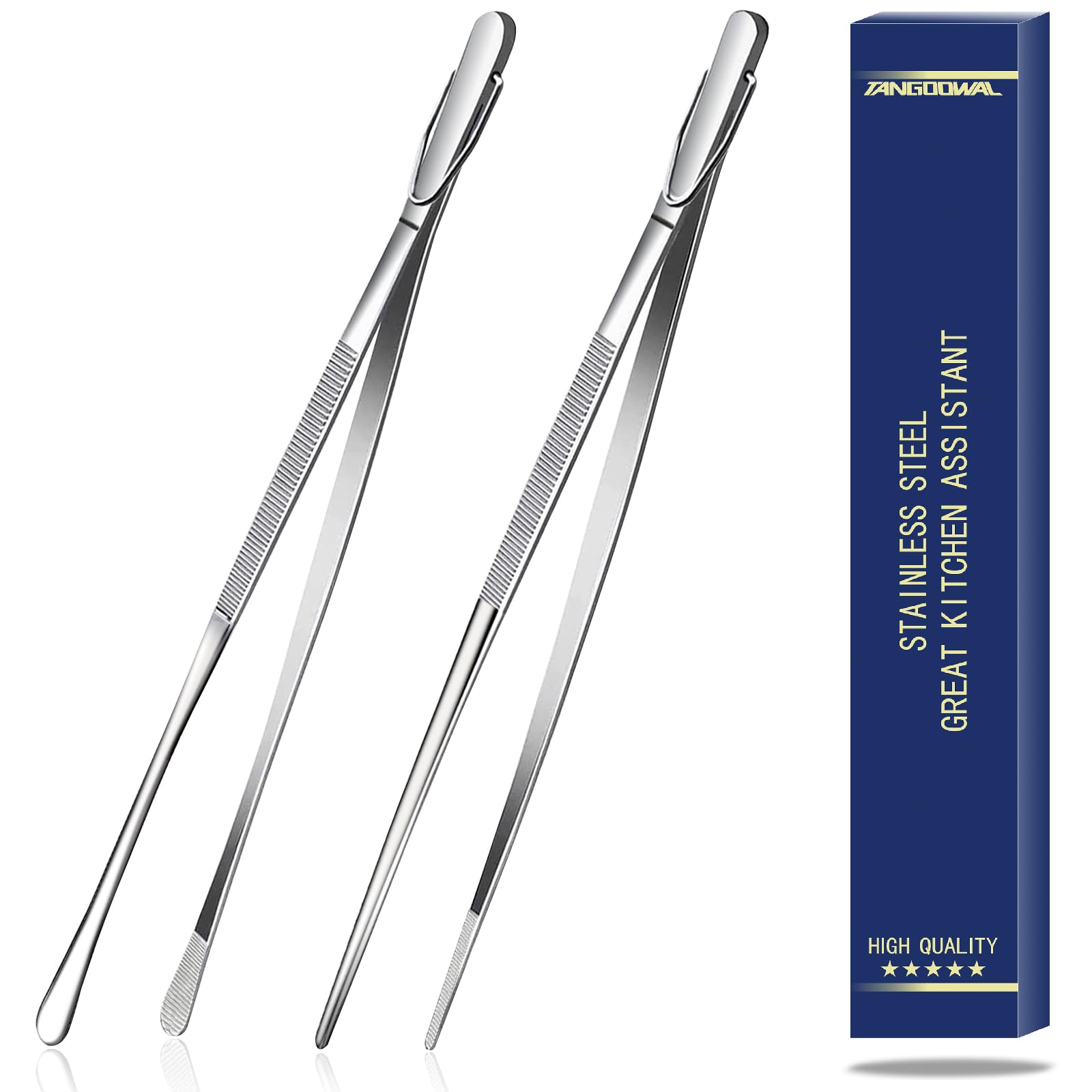 Tangoowal 2 Pcs 12-Inch Fine Long Tweezers For Cooking, Stainless Steel Kitchen & Cooking Tweezers Tongs