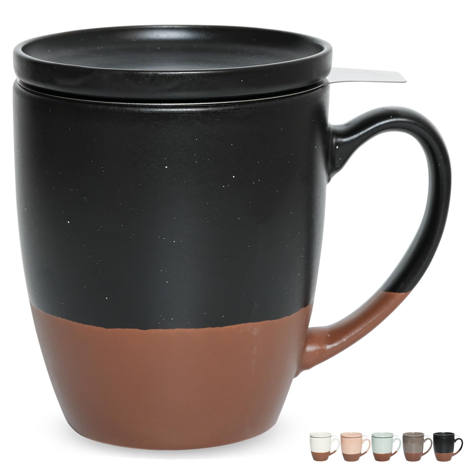 Bosmarlin Ceramic Tea Cup with Infuser and Lid, 16 Oz, Steeping Tea Mug with Strainer, Dishwasher and Microwave Safe (Black)