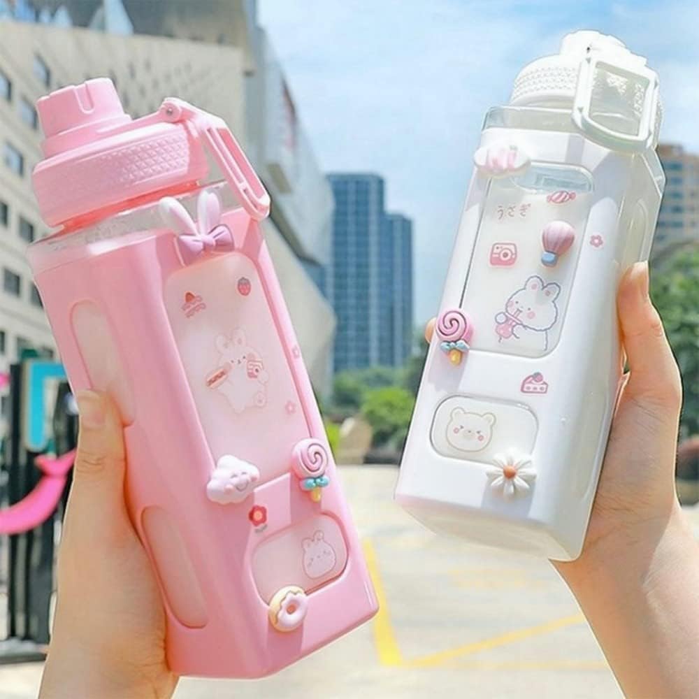 Retjiko Kawaii Water Bottle With Straw & Stickers  Cute Bear Design, 700Ml Large Square Plastic Sport Bottle For Girls  Portab