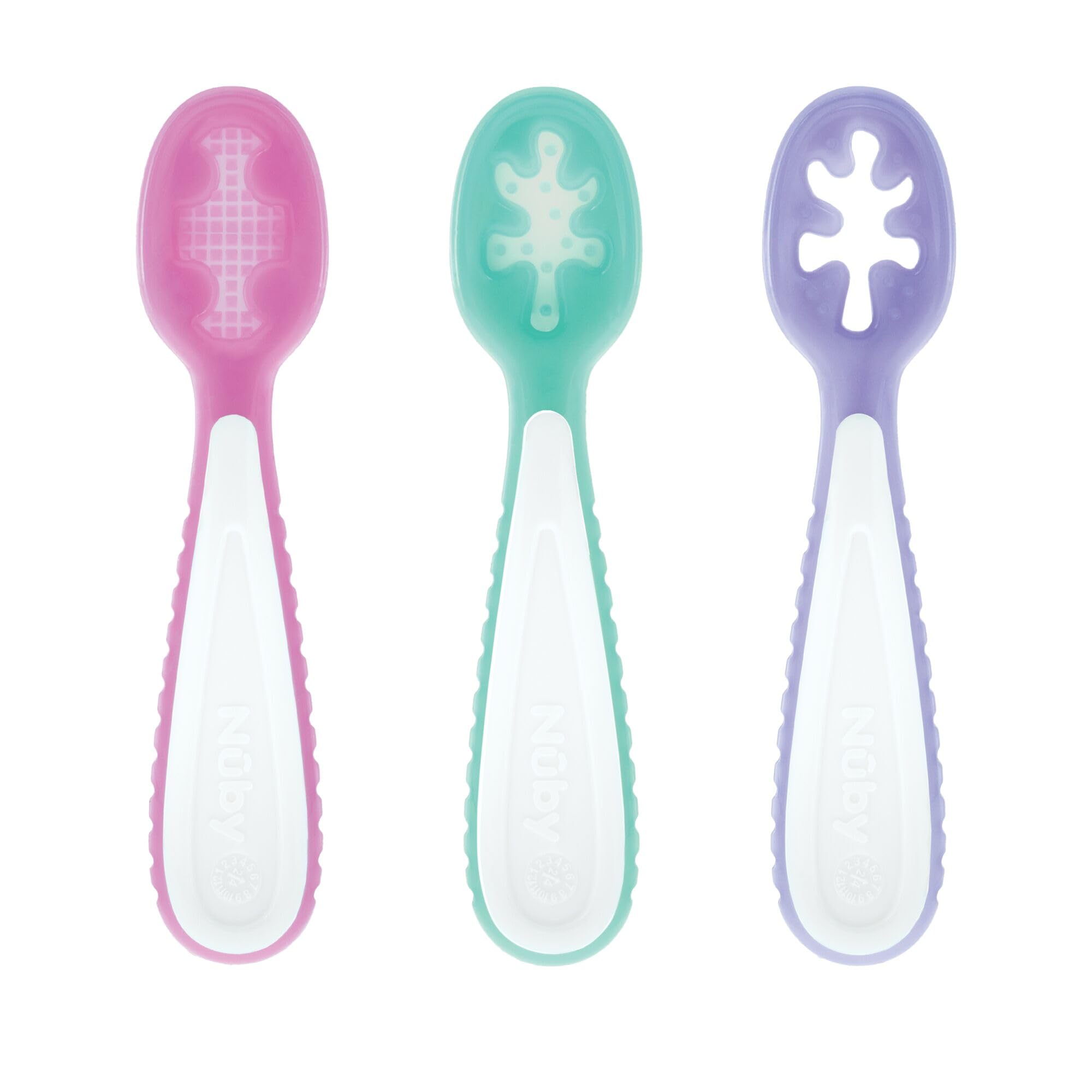 Nuby Babys First Spoons Set - (3-Pack) Feeding Utensils for Babies - 6+ Months - Pink/Aqua/Purple