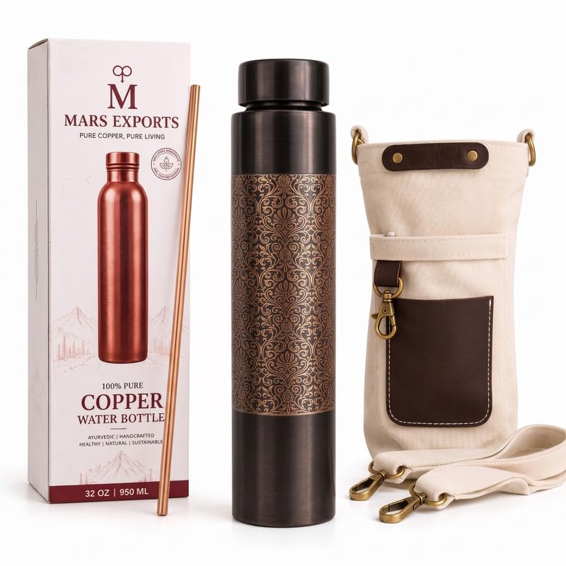 Mars Exports 100% Pure Copper Water Bottle for Drinking | 950ml Ayurvedic Copper Bottle with Straw | Leakproof Lid, Canvas Carry