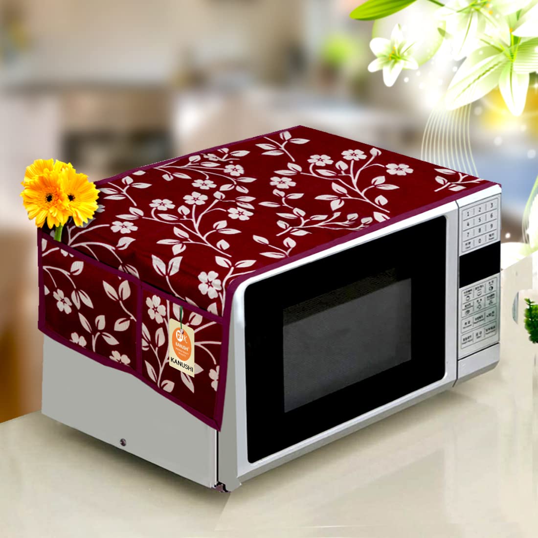 Kanushi Industries Microwave/Oven Top Cover With 4 Utility Pockets (Var2-Micro-Maroon-Raj-01)