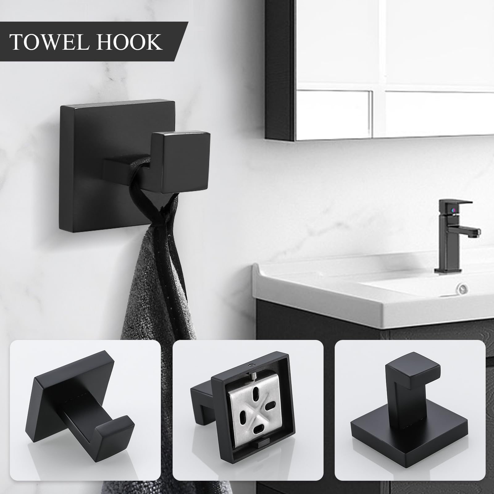 TURS 5-Pieces Bathroom Hardware Set Black Towel Bar Holder Set Stainless Steel Bath Accessories Set Wall Mounted  Q7BK-P5