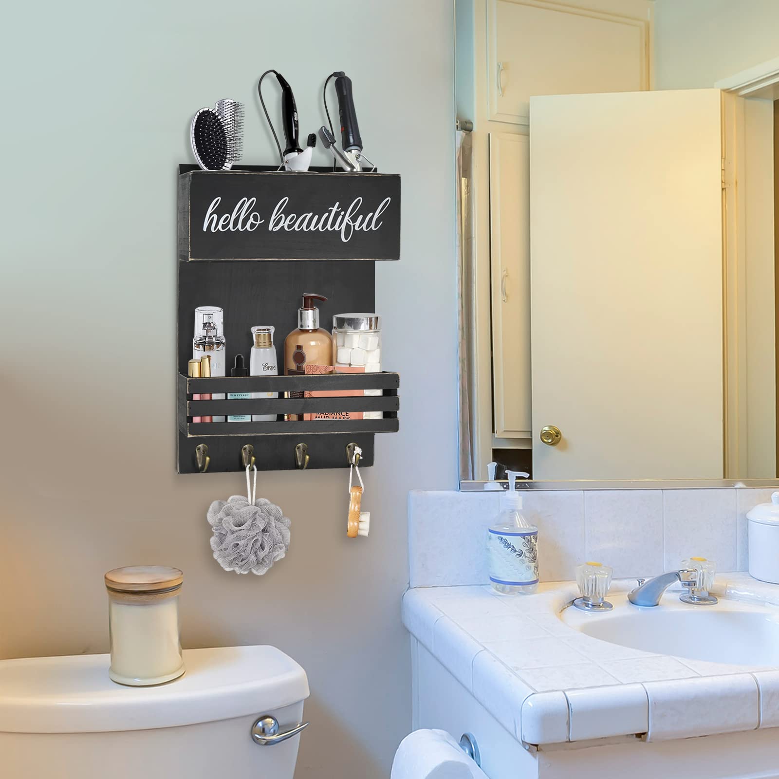 Black Hair Tool Organizer Wall Mount, Two Tiered Hair Dryer Holder Wall Mounted, Bathroom Hair Care And Styling Tool Organizer F