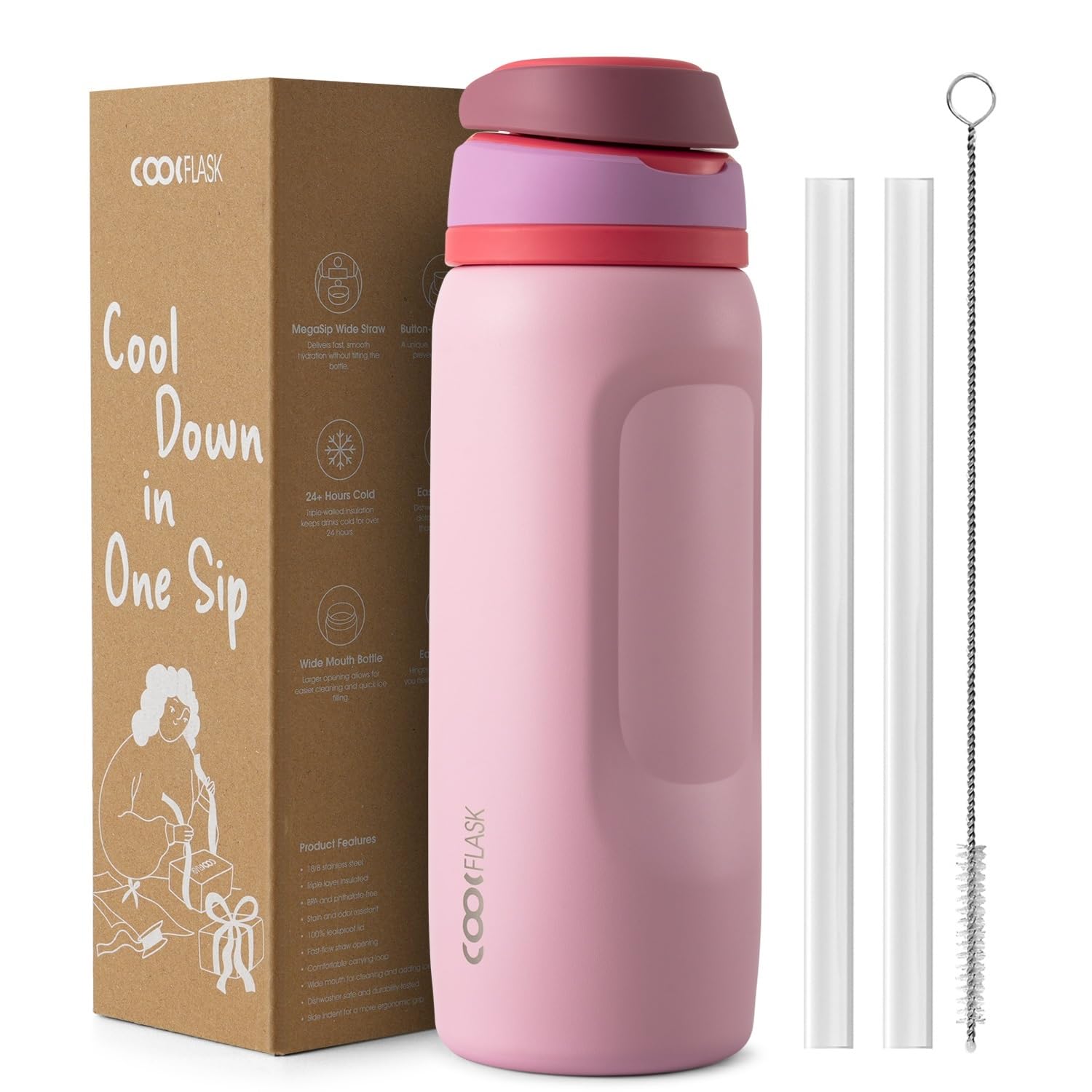 Coolflask MegaSip 32 oz Water Bottles Insulated Stainless Steel with Straw