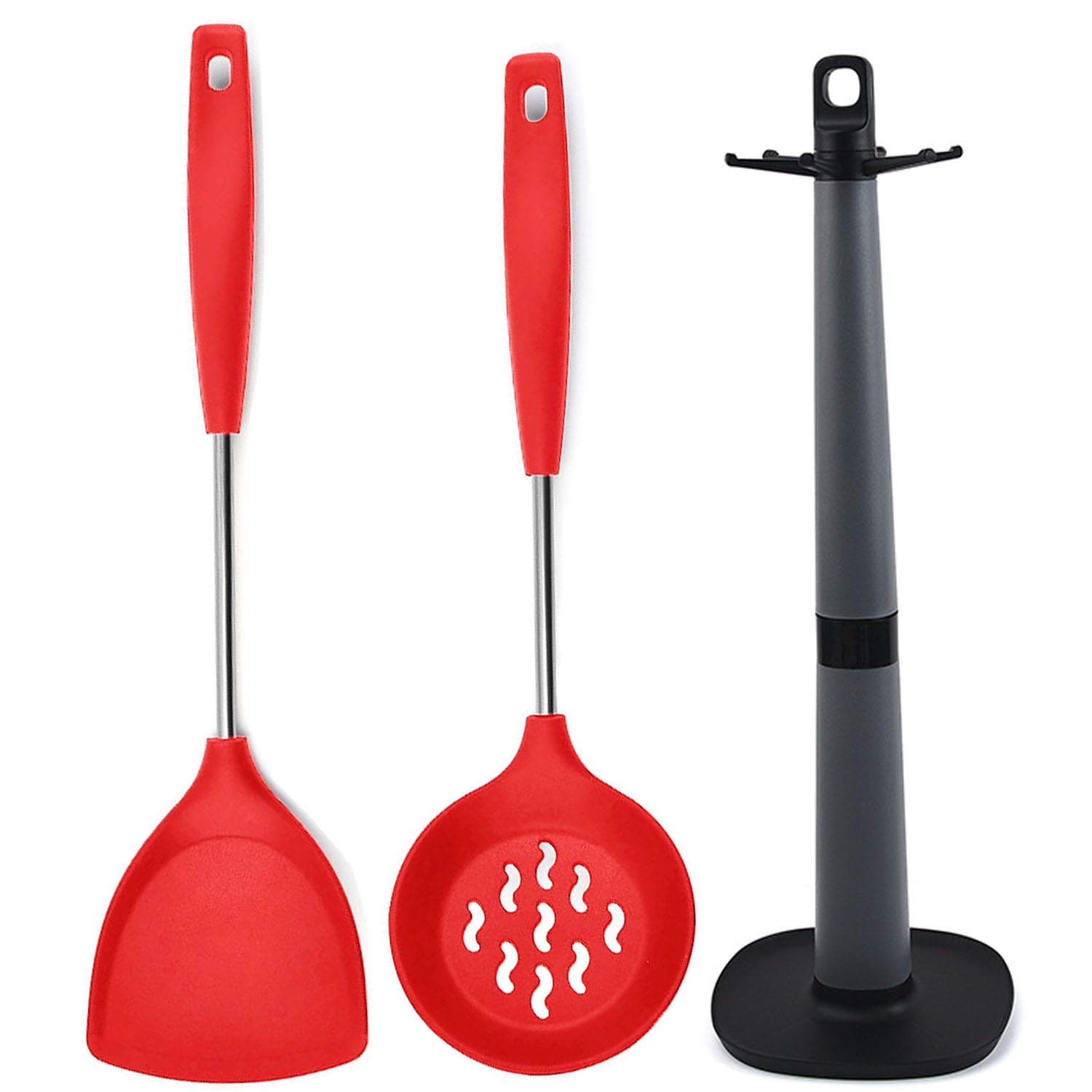 Besillia Silicone Oil Strainer For Deep Frying, Skimmer Slotted Spoon, Plain Spatula For Kitchen, Spatula Stand, Non Stick Spatu