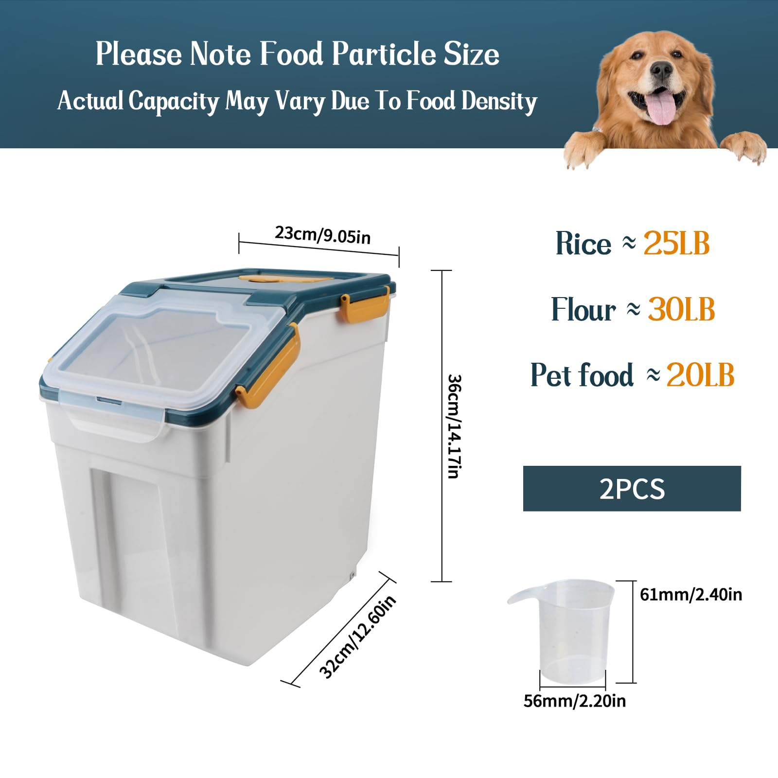 Qiveno Large Flour Storage Container Bin 25Lb, 2Pack Airtight Rice Storage Containers With Wheels Seal Locking Lid, Bpa Free Wit