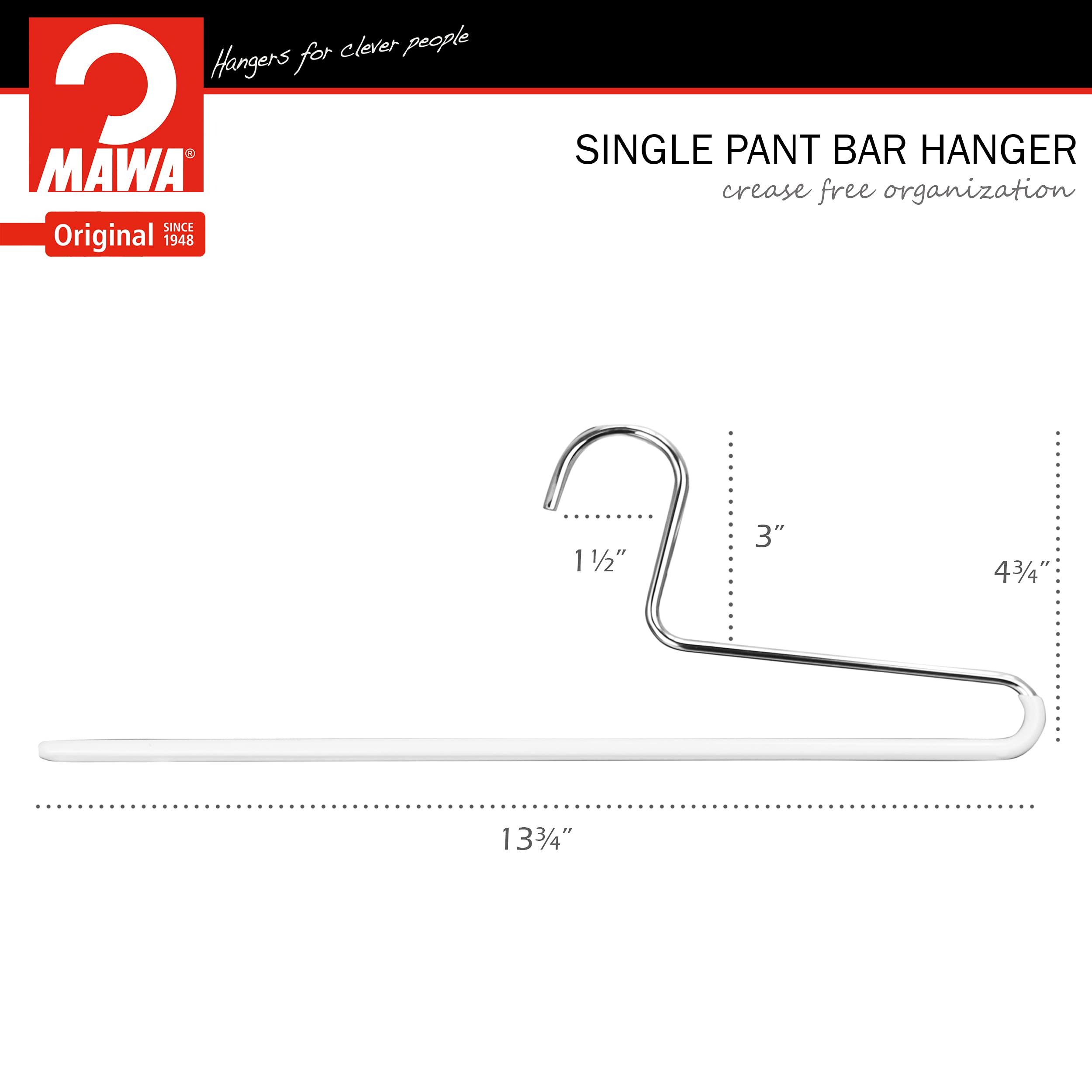 Mawa By Reston Lloyd Trouser Series Non-Slip Space-Saving Clothes Hanger With Single Rod For Pants, Style Kh/1, Set Of 4, White