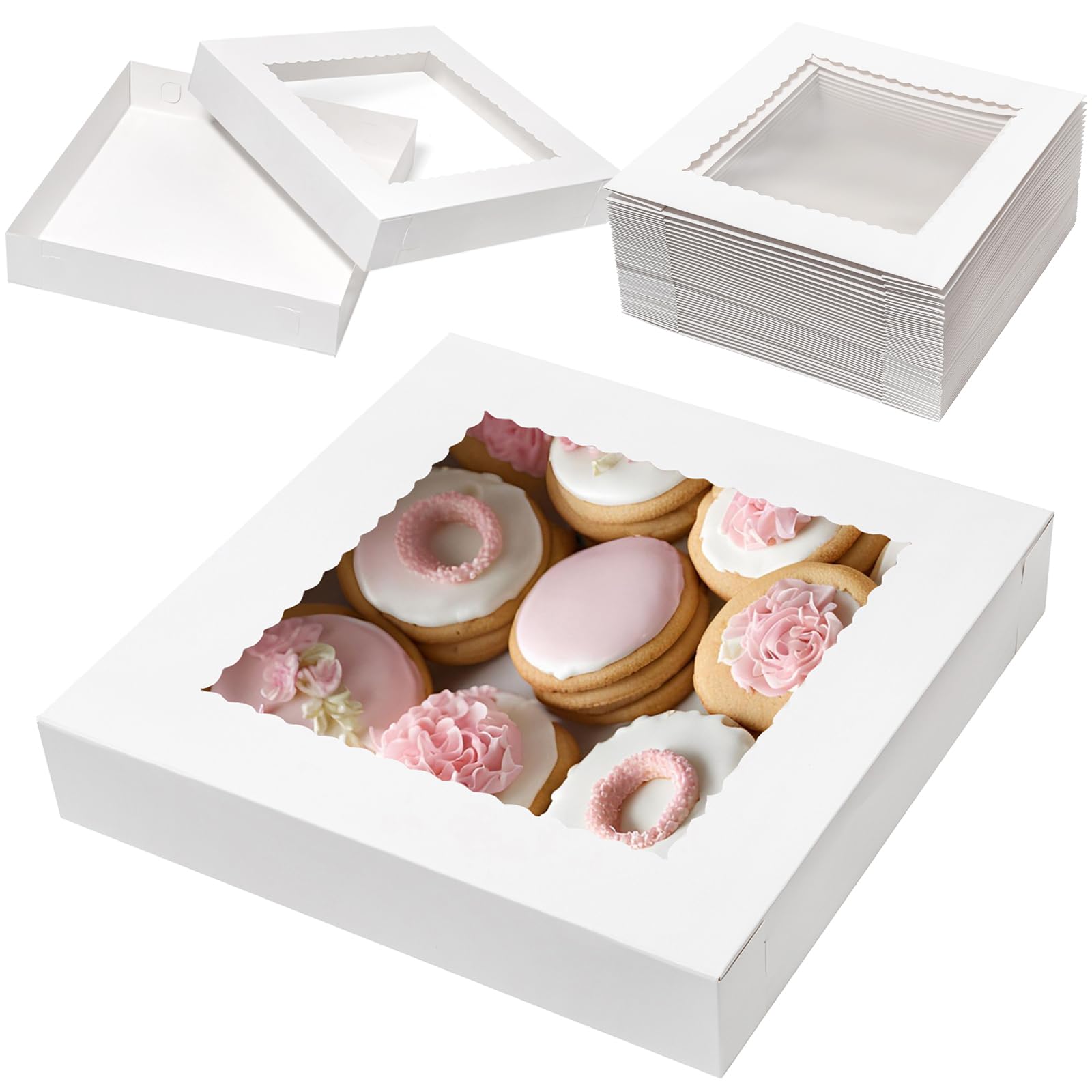Mefleet 20Pcs 14x14x2.5 Bakery Boxes with Window Pie Boxes for Pastry Baking Cake, Cupcakes, Donuts, Cookies, Muffins Treat Pack