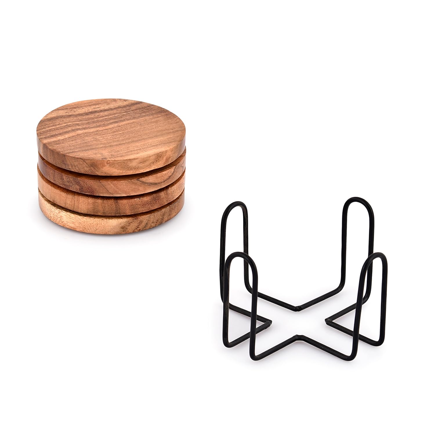 Edhas Acacia Wood Coasters For Drinks With Iron Holder Stand For Coffee Table, Tabletop Protection Decor, Set Of 4