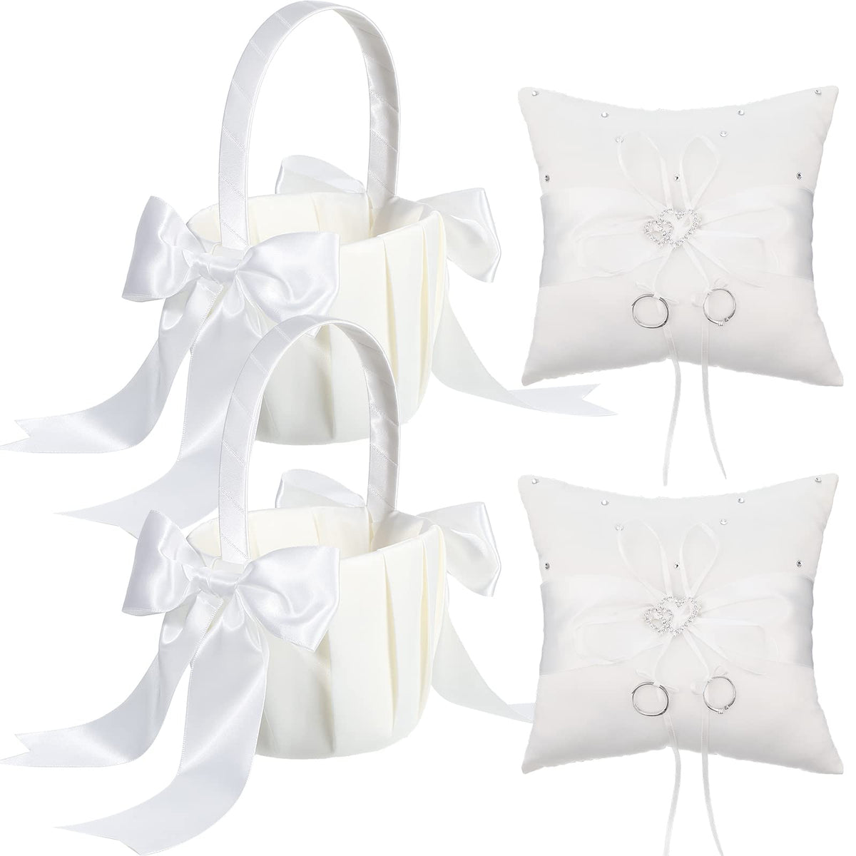 White Flower Girl Basket And Ring Bearer Pillow Set Rhinestones Satin Wedding Ring Pillow Wedding Flower Baskets For Wedding Gif