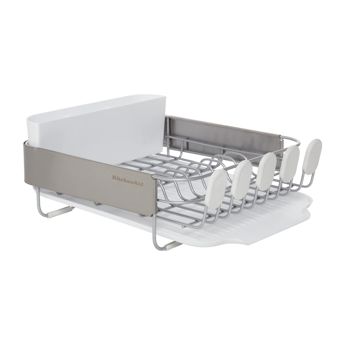 Kitchenaid Compact Satin Wire Rust Resistant, Expandable Dish Rack With Angled Self Draining Drainboard With Removable Flatware