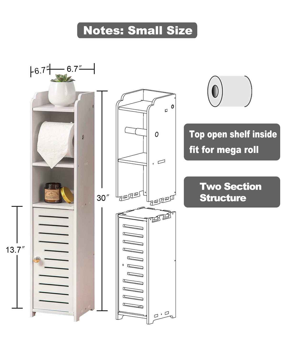 Toilet Paper Holder Stand  Storage Cabinet Beside Toilet for Small Space Bathroom with Toilet Roll Holder  White by AOJEZOR