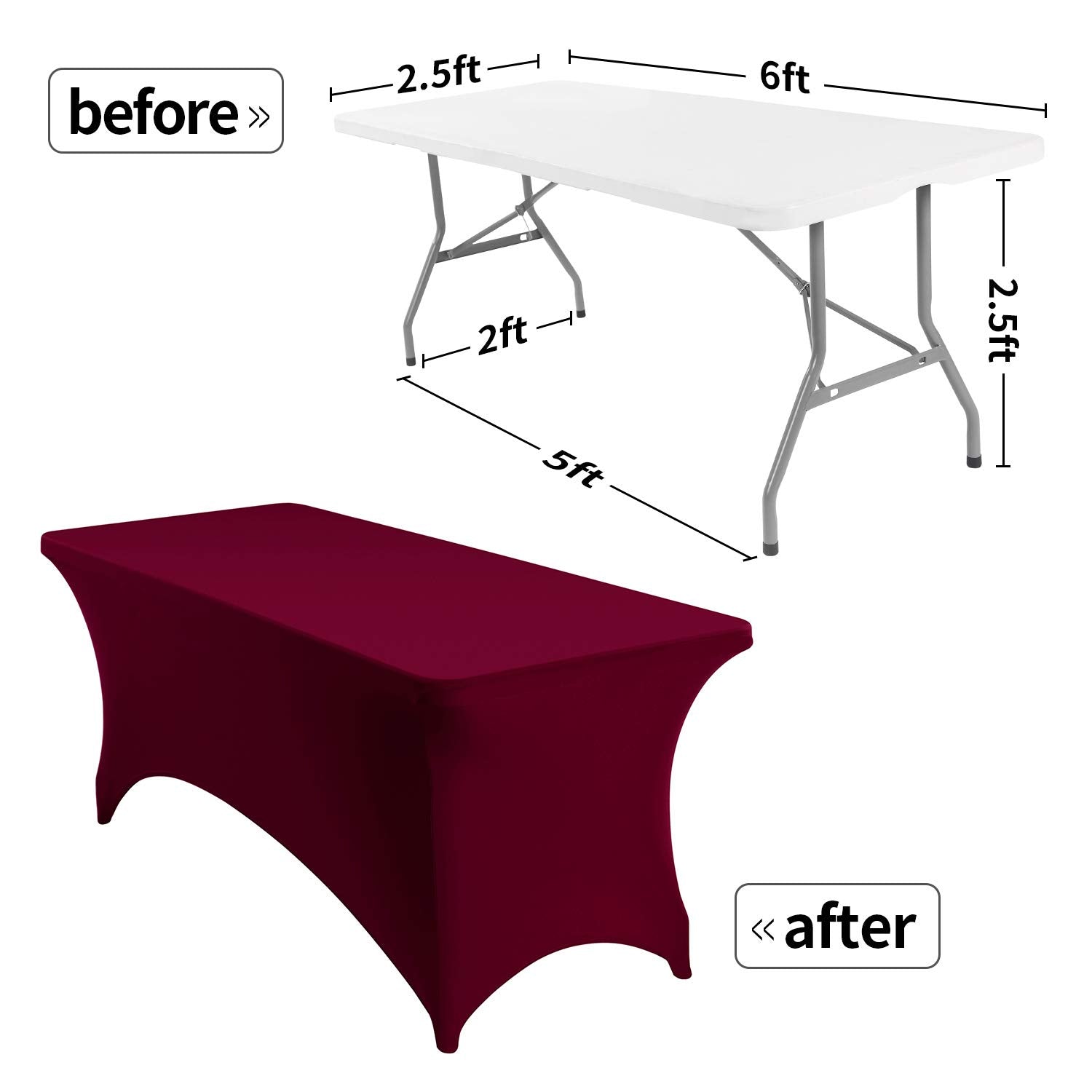 Peomeise 2Pcs 6Ft Spandex Table Cover Rectangular Stretch Spandex Tablecloth (Burgundy,6Ft)