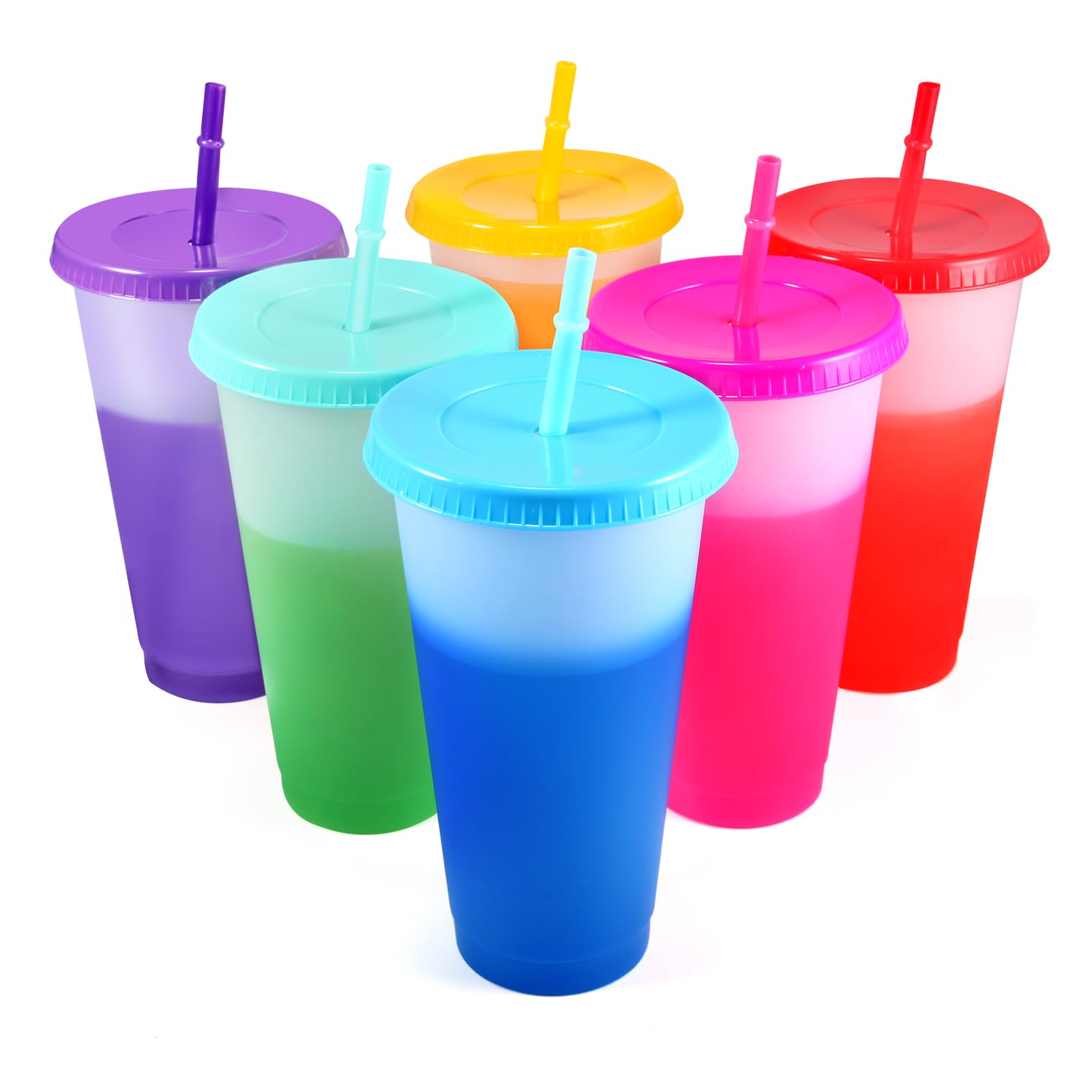 EASEVE Color Changing Cups with Lids and Straws - 6 Pack 24 oz Reusable Plastic Tumblers with Lids and Straws for Adults Kid Par
