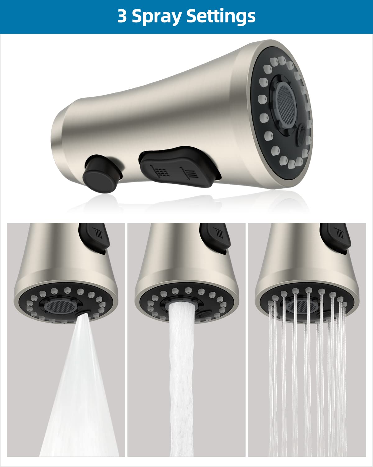 Universal Faucet Head Replacement With 15 Adapters Compatible With Moen Delta Faucet Head, 3 Function Pull Down Kitchen Sink Fau