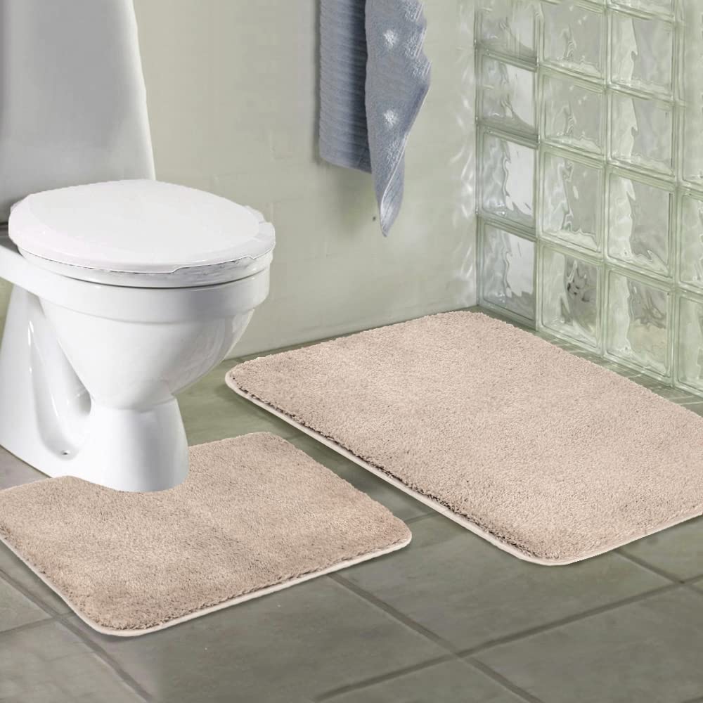 Walensee Shaggy 2 Piece Bath Rug Sets (Beige) 20 X 24 U Shape Contour Rug & 20 X 32 Bathroom Rug Machine Wash/Dry Bath Mats For