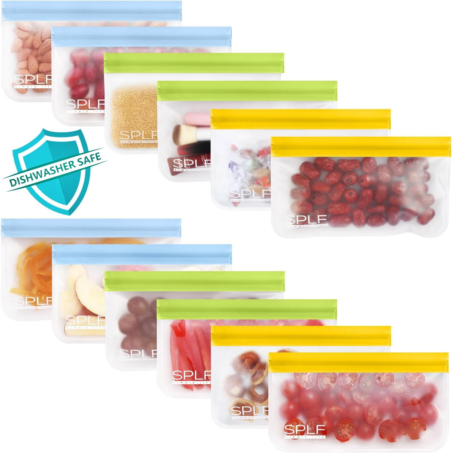 SPLF 12 Pack Dishwasher Safe Reusable Snack Bags, BPA Free Storage Bags, Extra Thick Leakproof Freezer Bags Silicone and Plastic