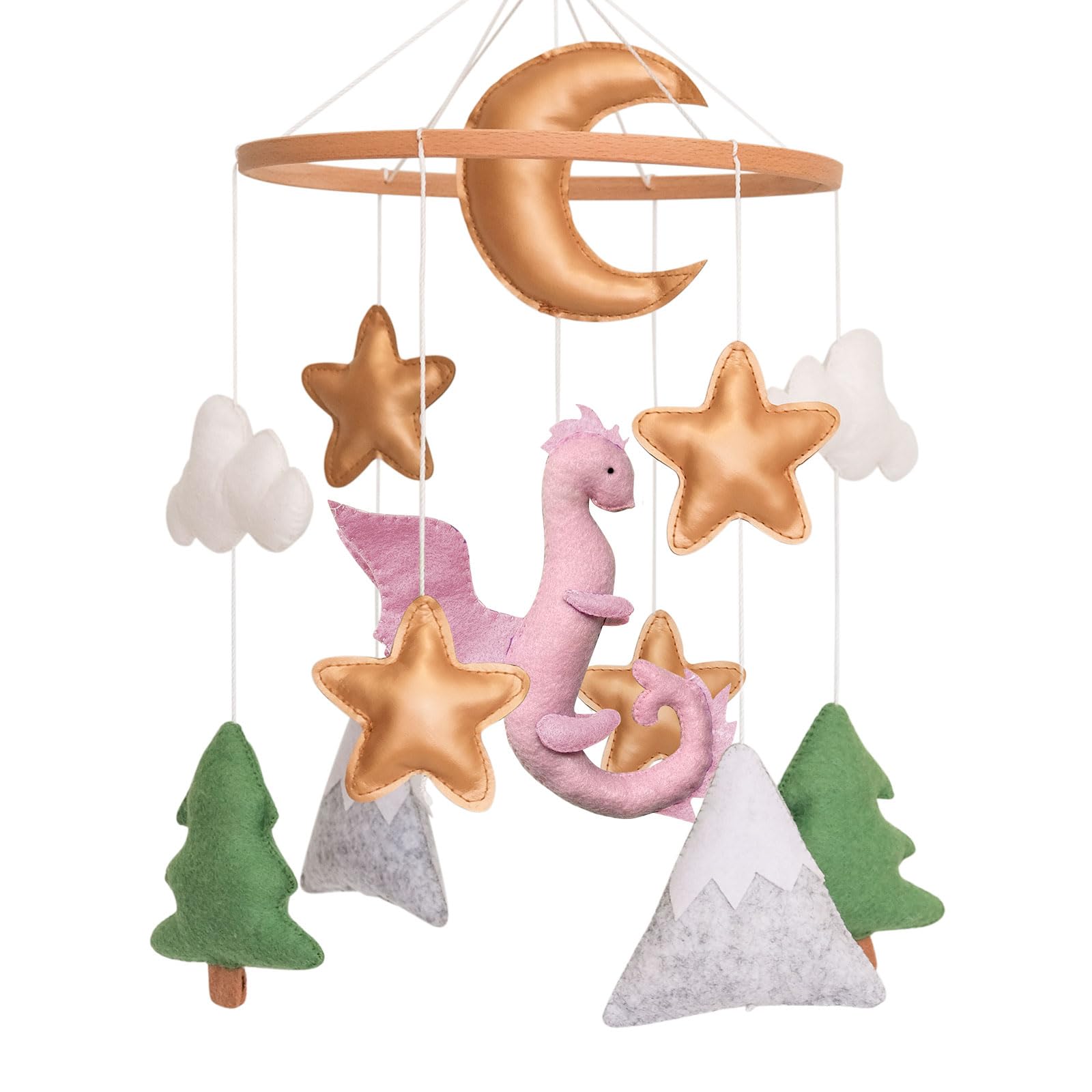 Dragon Baby Mobile, Forest Mobile for Crib, Pink Crib Mobile Girls, Nursery Mobile for Bassinet, Pack and Play, Moon, Pink Drago