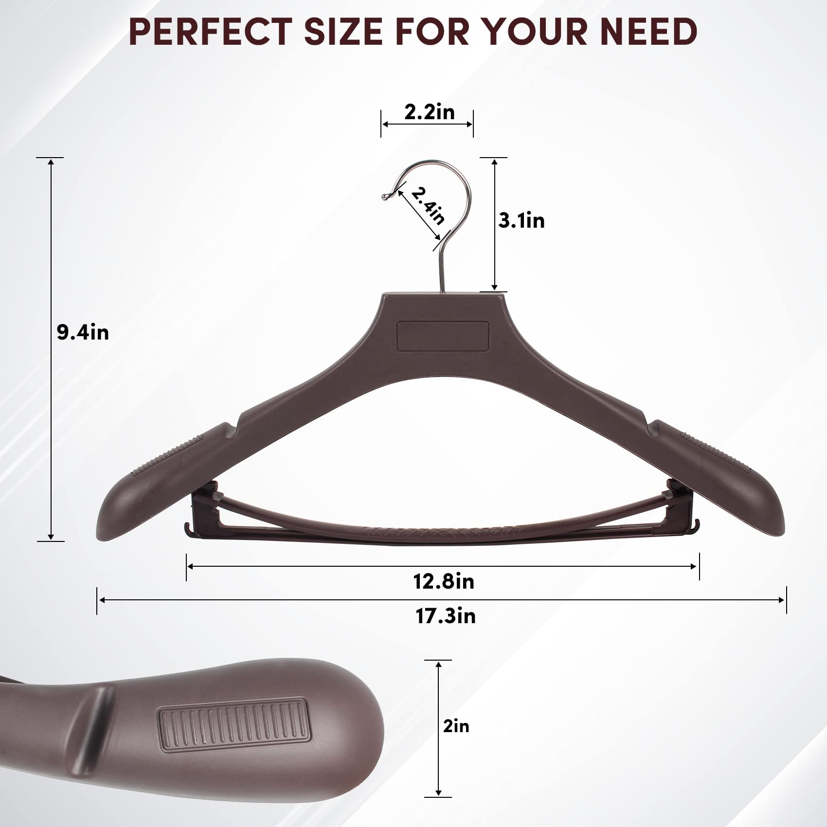 Suit Hangers For Men 50 Pack, Extra Wide Hangers Non Slip Width 17.7'', Brown Coat Hangers Thick Plastic With Pants Bar 360 Swiv