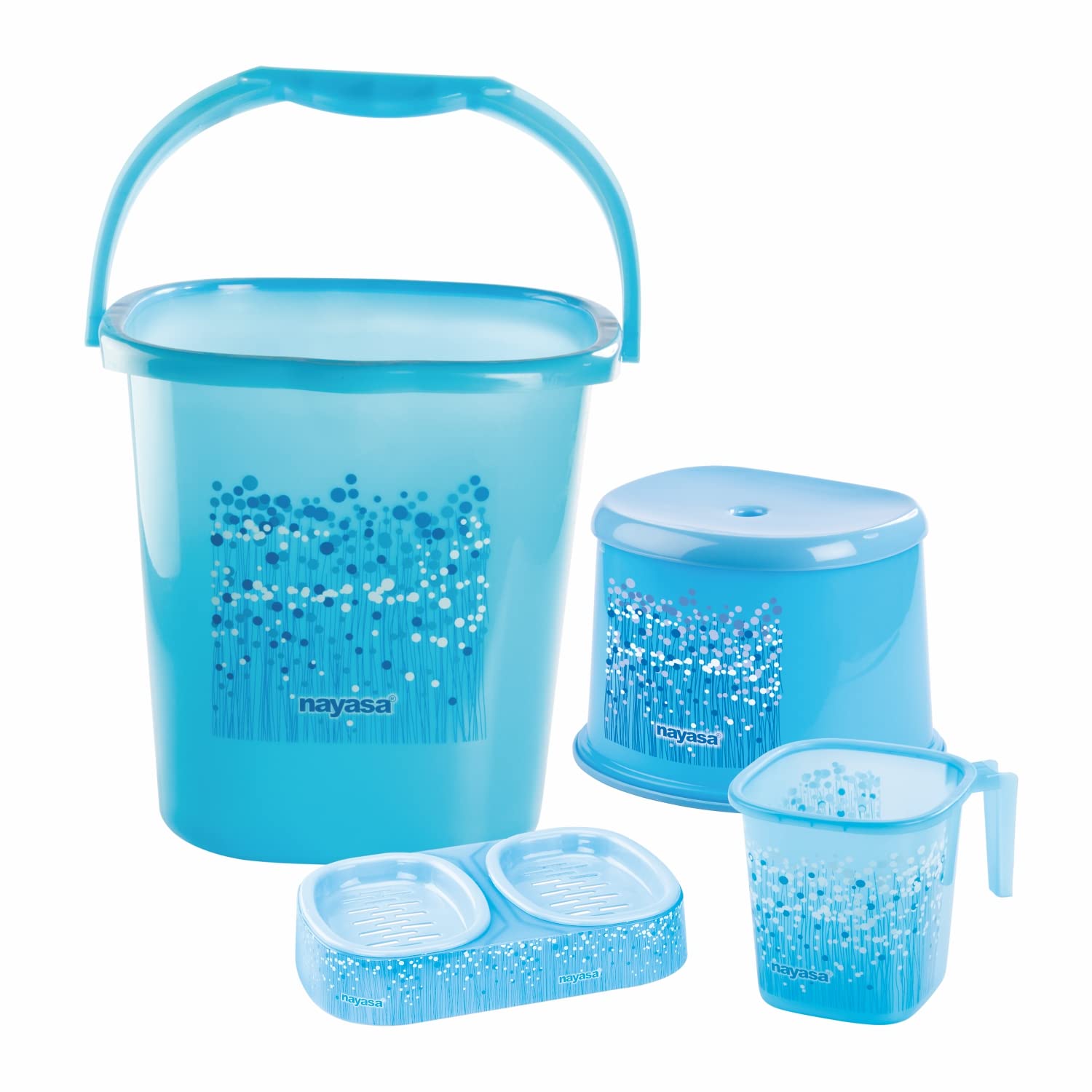 Nayasa Funk Deluxe Bathroom Set Of 4Pcs |Bucket 25 Ltrs. + Mug 1.5 Ltr. + Stool 508 + Twin Soap Case | Bucket Set | Blue