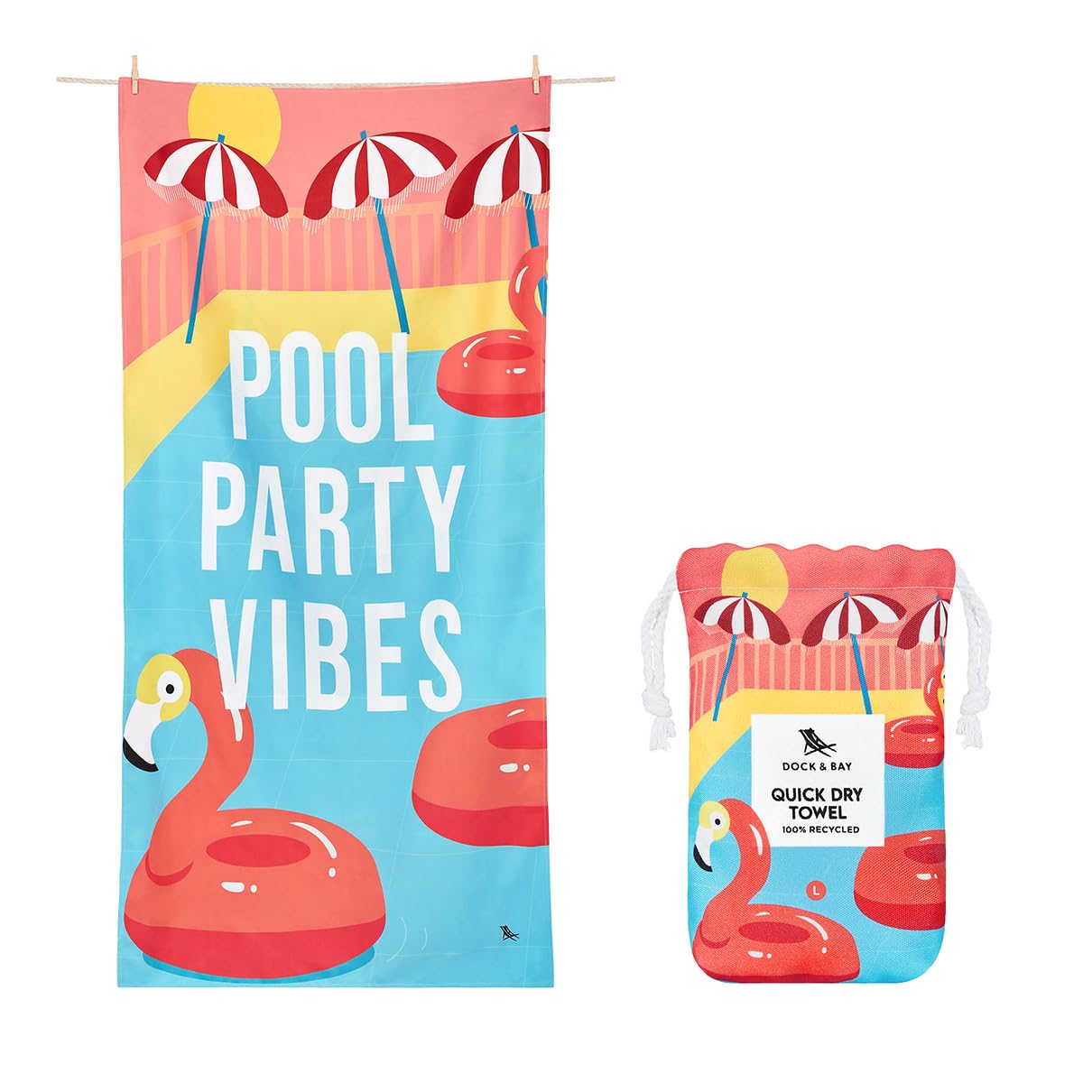 Dock & Bay Beach Towel - Quick Dry, Sand Free - Compact, Lightweight - 100% Recycled - Includes Bag - Pool Party Vibes - Extra L