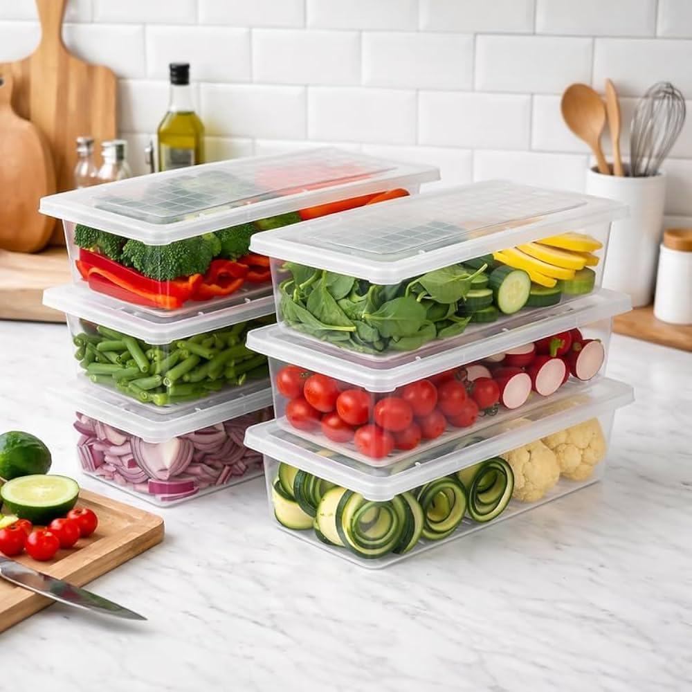 Trendifly Fridge Storage Containers Pack Of 6 With Removable Drain Tray | Fridge Organizer Storage Boxes For Fruits, Vegetables 