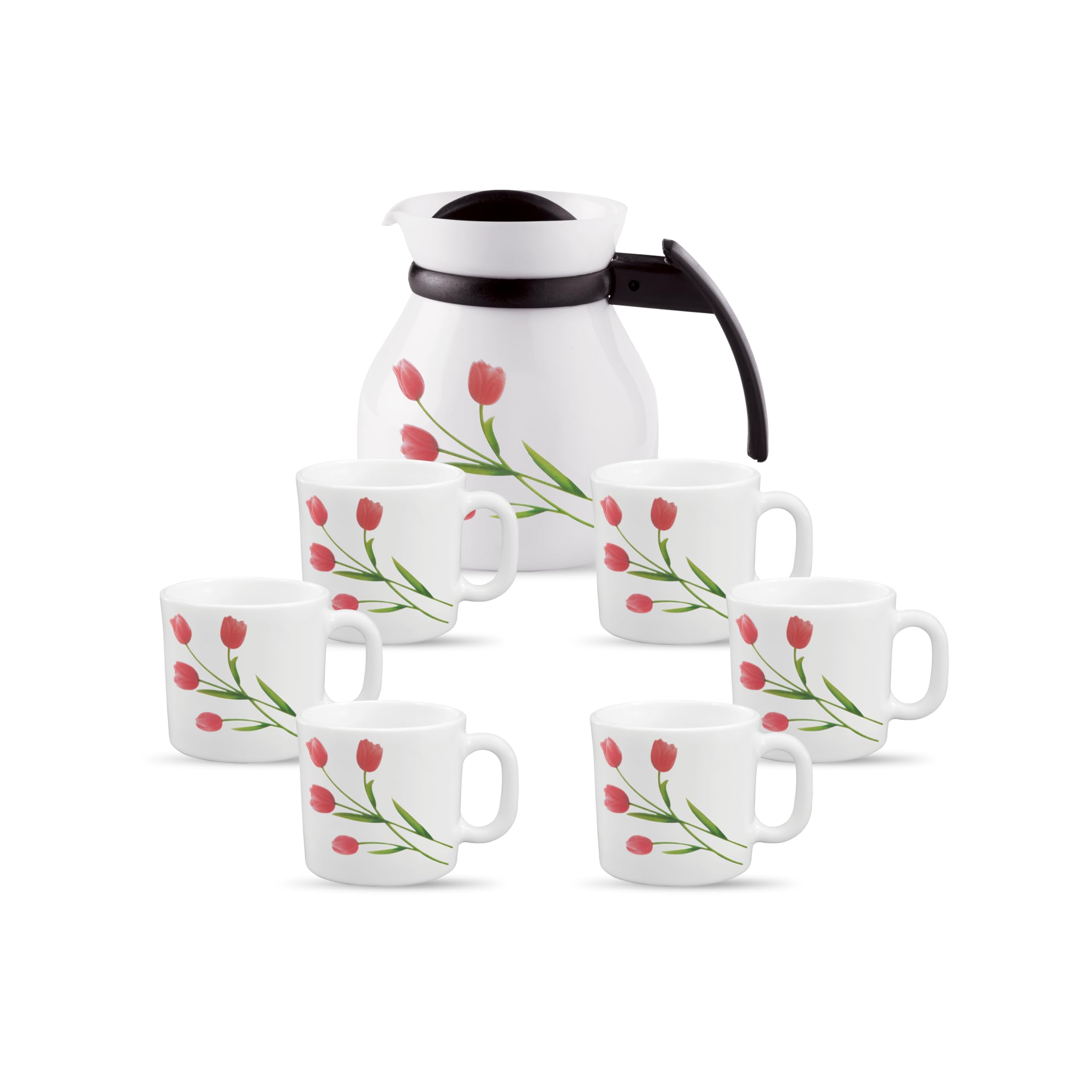 La Opala Novo Collection Opal Glass Crockery | Coffee Set 7 pcs | Coffee Mug with Coffee Pot, Radiant Curves | for Tea & Coffee 