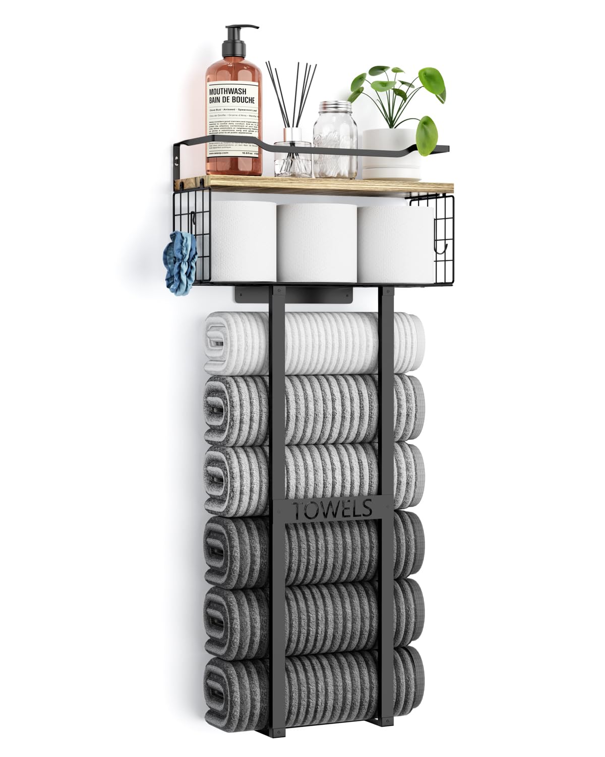 Aetyord Towel Racks for Bathroom - Wall Mounted Metal Rack with Wood Plank, Bathroom Storage Organizer, Towel Holder Stores 6 La