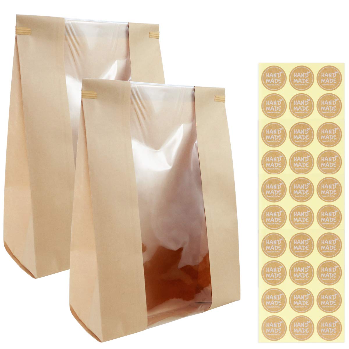 Twdrer 50 Pack Large Kraft Paper Bread Loaf Bag With Clear Front Window,Tin Tie Tab Lock Brown Bakery Coffee Cookie Treat Packag