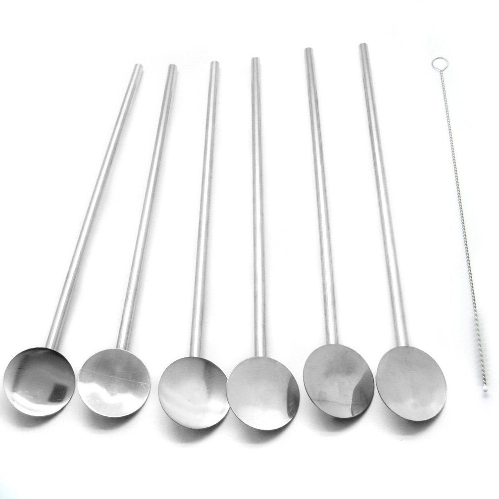 Fine Stainless Steel Reusable Spoon Drink Straw Set Long Spoons/Stirrer Flatware For Your Home 6Pcs Value Set With Free Cleaner