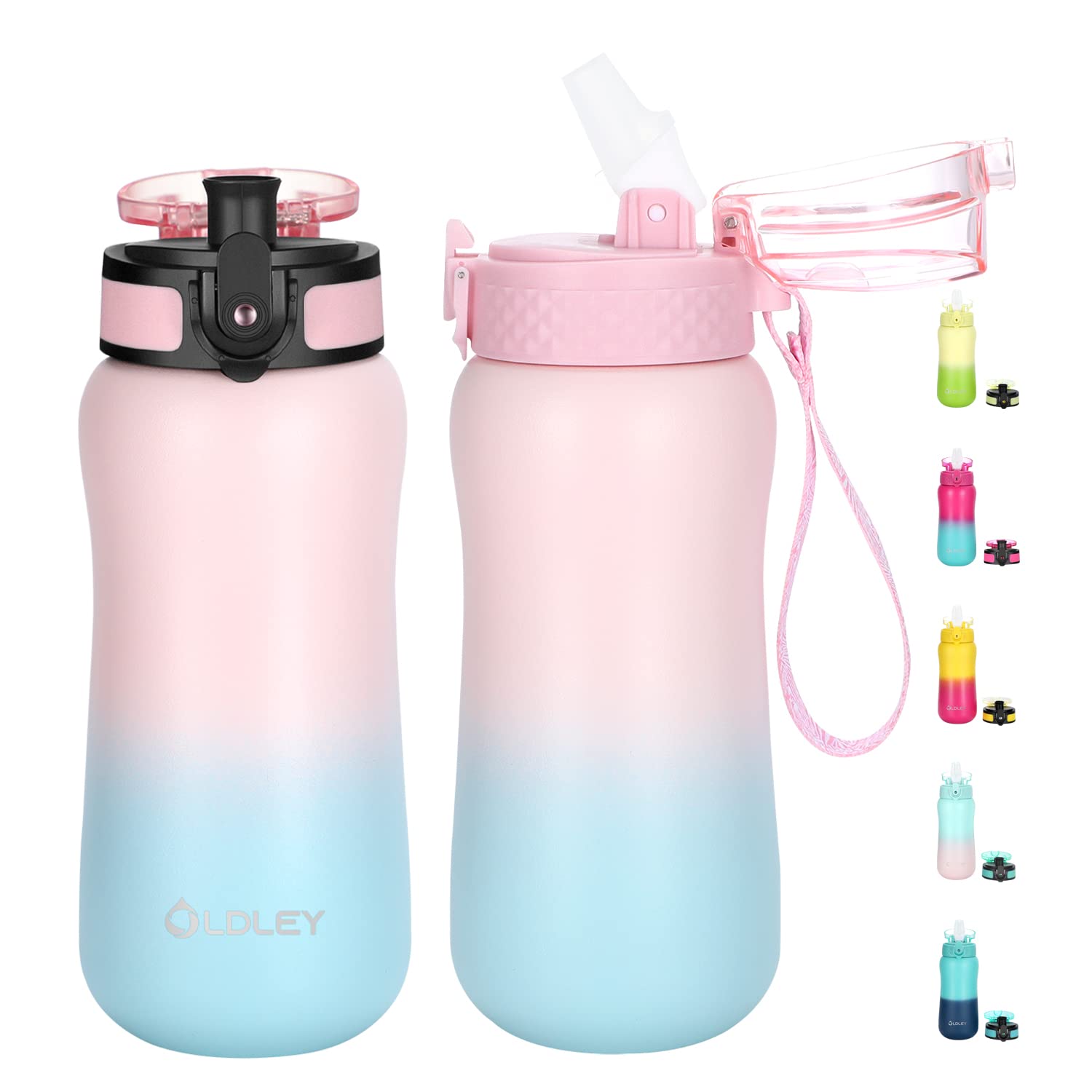 Oldley Insulated Water Bottle 12Oz Kids Water Bottles With Straw, Stainless Steel Water Bottle With 2 Lids, Double Wall Vacuum B